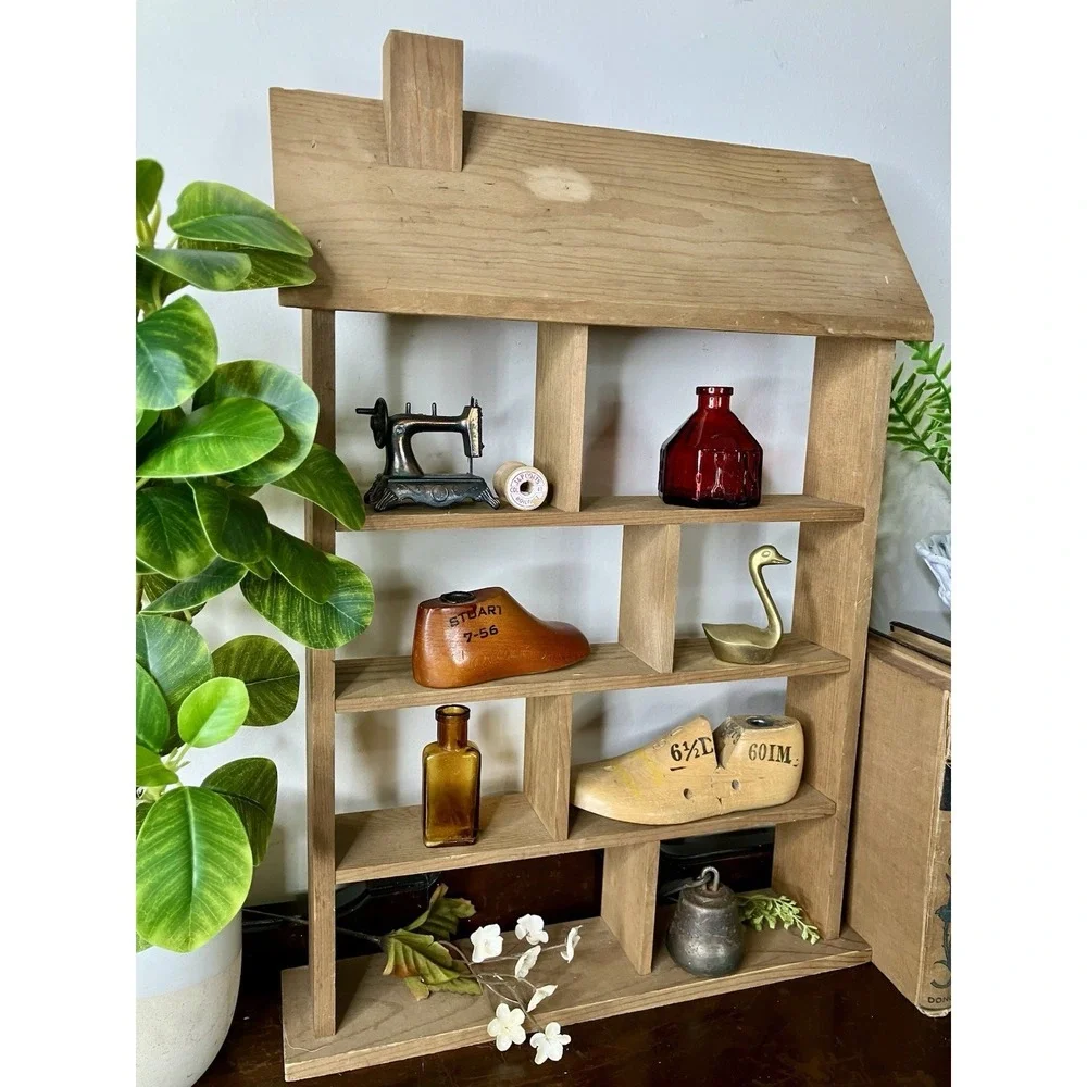 Vintage Wooden Trinket Shelf House Shaped Knick Knack Miniatures Display Cottage